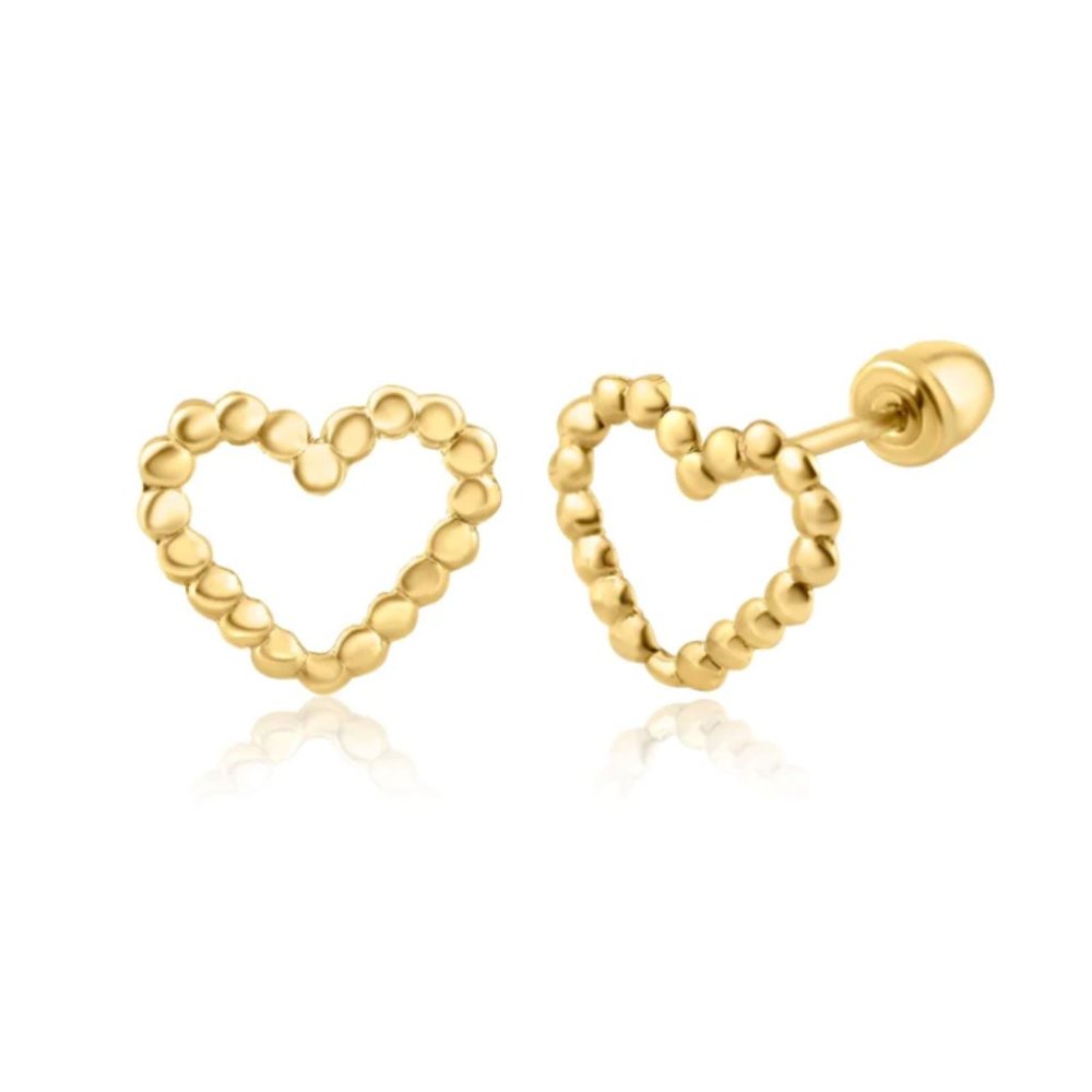 14k Gold Beaded Heart Stud Earrings, Heart Earrings